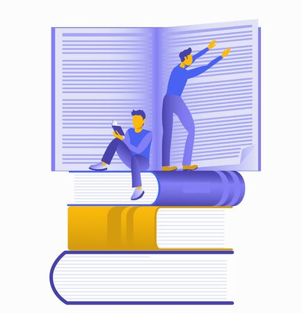 Conceptual flat illustration about reading books. Obtaining knowledge, rest, training, obtaining information. People read books, turn pages of literature. Isolated on a white background.のイラスト素材
