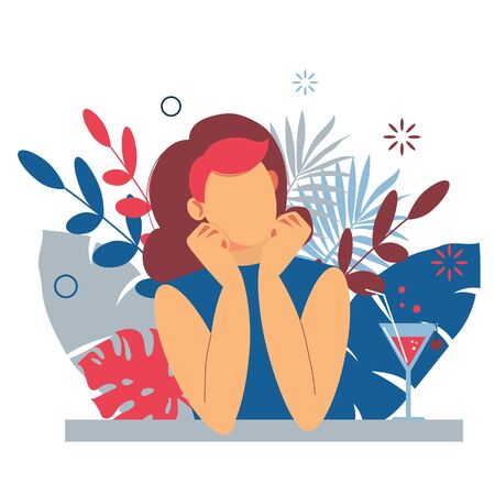 Brunette girl with a cocktail sits at a table or by the window. Leaves of tropical plants. Theme of summer holidays. Flat illustration isolated on white backgroundのイラスト素材