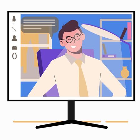 Chatting online. Man on the monitor screen. Work at home, freelance, remote work as a team. Service for communication. Flat illustration isolated on white background. Virtual conference. Friendのイラスト素材