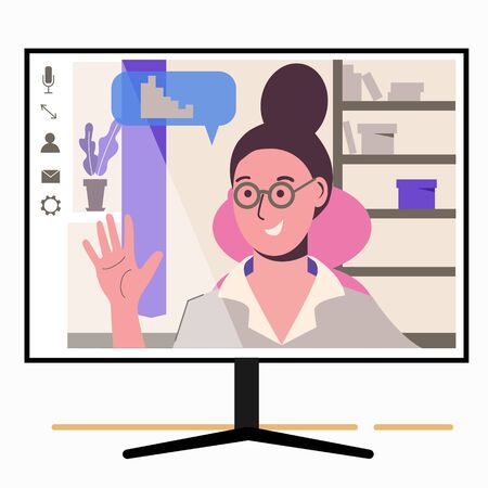 Chatting online. Girl on the monitor screen. Work at home, freelance, remote work as a team. Service for communication. Flat illustration isolated on white background. Virtual conference. のイラスト素材