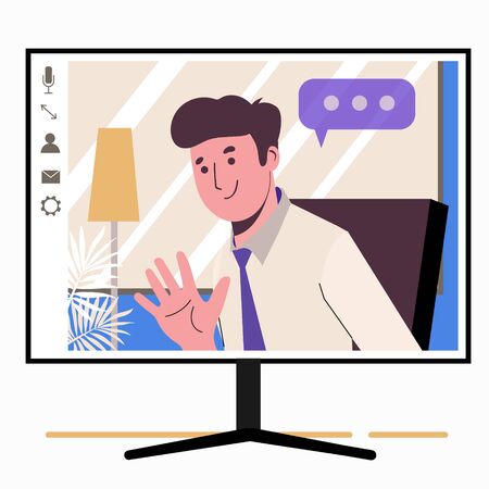Chatting online. Man on the monitor screen. Work at home, freelance, remote work as a team. Service for communication. Flat illustration isolated on white background. Virtual conference. Friendのイラスト素材