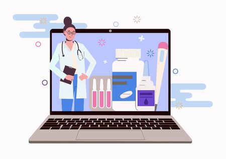 Female doctor on laptop screen. Online advice on quarantine treatment and medication. Flat illustration isolated on a white background. Web bannerのイラスト素材