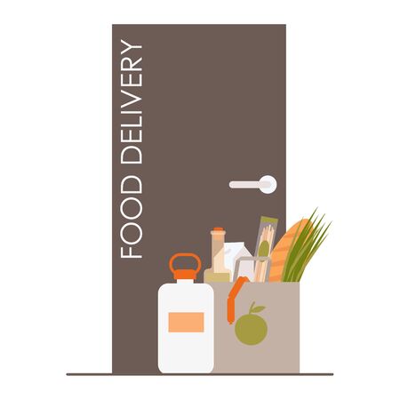 Food delivery home. Online food ordering at your address. Flat illustration isolated on a white background. Charity. Can use for template, ui, web, landing page, mobile app, poster, banner, flyer.のイラスト素材