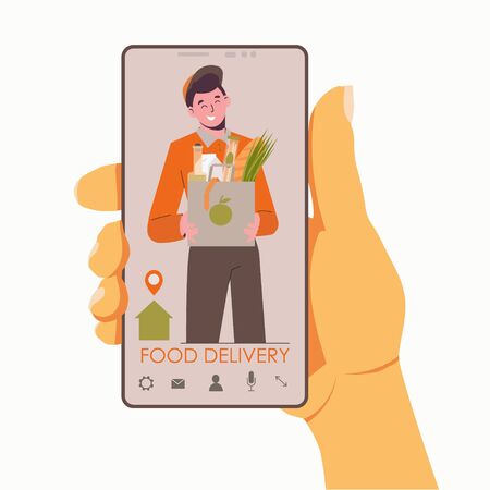 Food delivery home. Online food ordering at your address. Flat illustration isolated on a white background. Charity. Can use for template, ui, web, landing page, mobile app, poster, banner, flyer.のイラスト素材