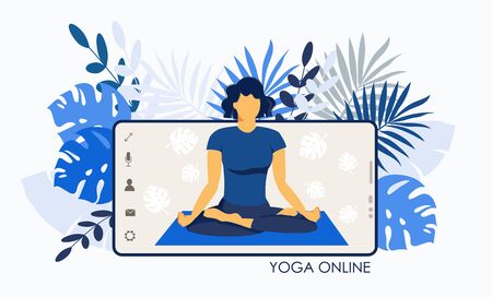 Yoga online. Girl coach on a smartphone screen conducts a lesson live. Concept for yoga courses or website design. Flat illustration isolated on white background. Sport at homeのイラスト素材