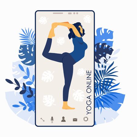 Yoga online. Girl coach on a smartphone screen conducts a lesson live. Concept for yoga courses or website design. Flat illustration isolated on white background. Sport at homeのイラスト素材