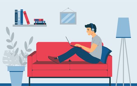 A man with a laptop sits on the sofa. Freelancer listens to music. Remote work at home. Chatting with friends and employees online. Flat illustration isolated on a white background.のイラスト素材