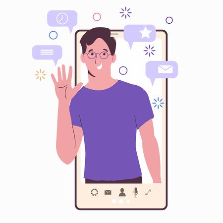 A smartphone with a list of contacts. Chatting with friends and colleagues. Invite friends. Social networks. Sending messages. Dating. Flat illustration isolated on white backgroundのイラスト素材