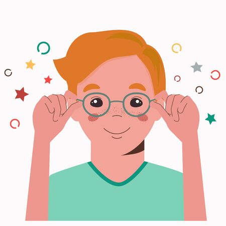 Children vision checkup in ophthalmological clinic. Optometrist checking kid eyesight with spectacles medical equipment. Glasses lens selection. boy flat cartoon character illustrationのイラスト素材