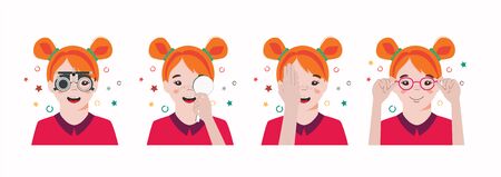 Girl vision checkup in ophthalmological clinic. Optometrist checking kid eyesight with spectacles medical equipment. Set. Glasses lens selection. Flat cartoon character illustration isolated on white backgroundのイラスト素材