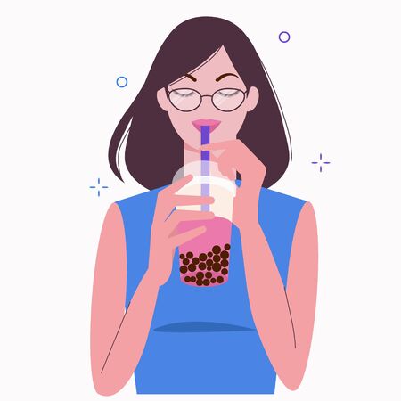 Young woman drinks pink bubble milk tea. Taiwanese popular and famous drink Boba with tapioca black pearls. Cartoon flat vector illustration isolated on white background.のイラスト素材