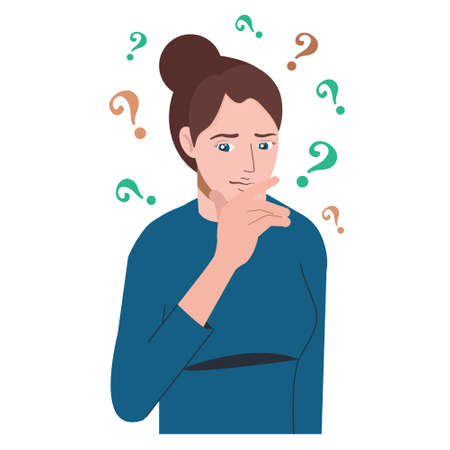 Portrait of young troubled woman. Girl with question mark in think bubble. People thinking or solving problem. Dilemma vector flat cartoon concept illustration isolated on white background.のイラスト素材