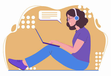 Girl sits on a window sill with a laptop. Freelancer woman is listening to music. Remote work, freelance. Chatting with friends in isolation. Flat illustration isolated on white dackgroundのイラスト素材
