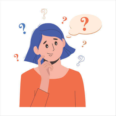 Portrait of young troubled woman. Girl with question mark in think bubble. People thinking or solving problem. Dilemma vector flat cartoon concept illustration isolated on white background.のイラスト素材