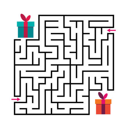 Square maze labyrinth game for kids. Labyrinth logic conundrum. Two entrances and two right ways to go. Vector flat illustration isolated on white background.のイラスト素材