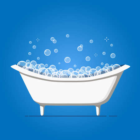 Bathtub with soap bubbles. Foam shower in bath on blue background. Vector illustrationのイラスト素材