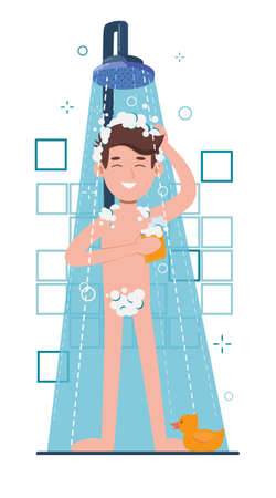 Young man taking shower in bathroom. Washes head, hair and body with shampoo and soap. Flat cartoon vector illustrationのイラスト素材
