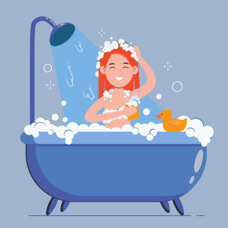 Woman washes in the bathroom with rubber duck. She taking a shower with soap and sponge. Cartoon flat vector illustration isolated on violet background.のイラスト素材