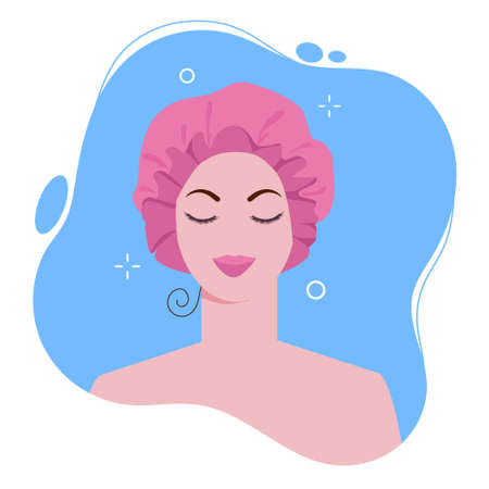 Young woman in shower cap in bath for protect wet hair. Vector cartoon flat illustration isolated on white background.のイラスト素材