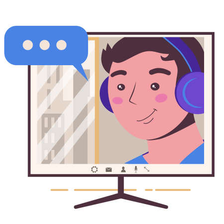 Chatting online. Man on the monitor screen. Work at home, freelance, remote work as a team. Service for communication. Flat illustration isolated on white background. Virtual conference.のイラスト素材