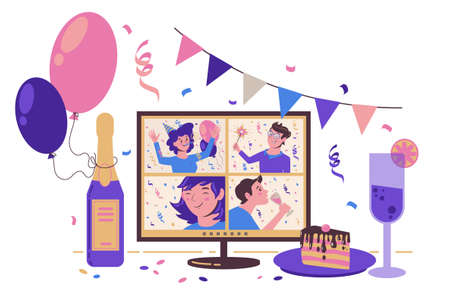 Online party with friends. Celebrating birthday, Christmas and new year on the Internet. Festive table with a monitor. Vector flat illustration isolated on white background.のイラスト素材