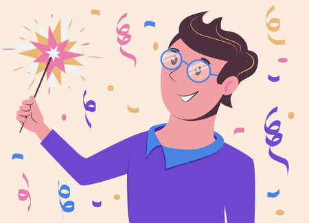 Young man holding burning sparklers. Friends celebrate on party. Vector illustration in flat cartoon...