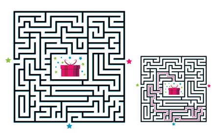 Square maze labyrinth game for kids. Labyrinth logic conundrum. Three entrance and one right way to go. Vector flat illustration isolated on white background.のイラスト素材