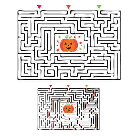 Rectangular halloween maze labyrinth game for kids. Labyrinth logic conundrum. Three entrance and one right way to go. Vector flat illustration isolated on white background.のイラスト素材