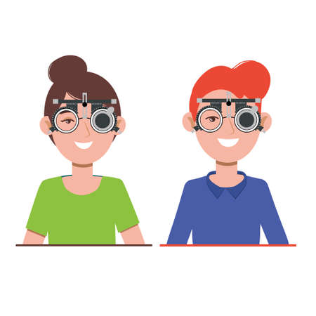 People vision checkup in ophthalmological clinic. Optometrist checking kid and adult eyesight with spectacles medical equipment. Glasses lens selection. Flat cartoon character illustration on white backgroundのイラスト素材