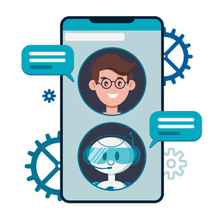 Chatbot concept. Users chatting with cute robot chat bot on smartphone. Flat cartoon vector illustration for site, banners, web, mobile application isolated on white background.のイラスト素材