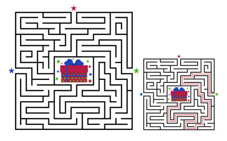 Square maze labyrinth game for kids. Labyrinth logic conundrum. Three entrance and one right way to go. Vector flat illustration isolated on white background.のイラスト素材
