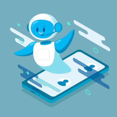 Smiling chat bot character robot helping solve a problems. For website or mobile application. Flat cartoon illustration isolated on blue background.のイラスト素材