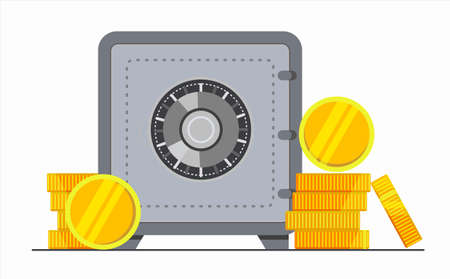 Bank safe box with money and coins. Closed safe isolated on a white background. Security cash savings and money protection concept. Vector flat illustration.のイラスト素材