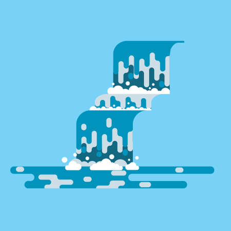 Waterfall landscape. Mountain river with cascade. Vector flat cartoon illustration illustration isolated on blue background.のイラスト素材
