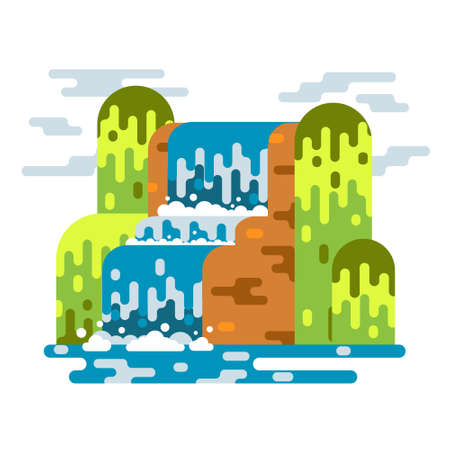 Waterfall landscape. Mountain river with cascade. Vector flat cartoon illustration illustration isolated on white background.のイラスト素材