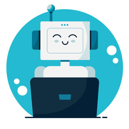 Smiling cute robot chat bot. Support service concept. Vector cartoon flat illustration isolated on white background.のイラスト素材