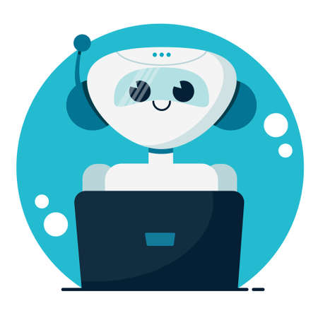 Smiling cute robot chat bot. Support service concept. Vector cartoon flat illustration isolated on white background.のイラスト素材