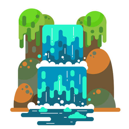 Waterfall landscape. Mountain river with cascade. Vector flat cartoon illustration isolated on white background.のイラスト素材