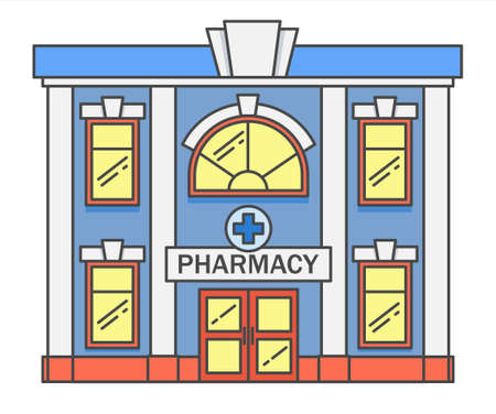 Pharmacy colored building line medicine concept. Architectural form can be used for website design, infographics. Vector illustration isolated on white background.のイラスト素材
