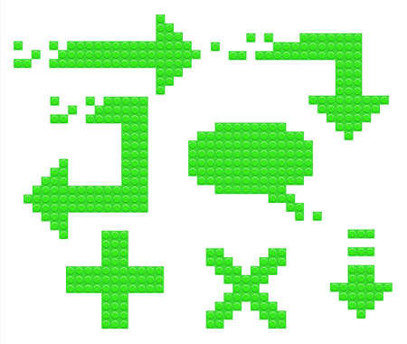 Set of green arrow icons from constructor blocks. Speech bubble and plus sign. Can be used for website or games. Vector illustration isolated on white background.のイラスト素材