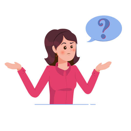 Girl with question mark in think bubble. Young troubled woman. People thinking or solving problem. Dilemma vector flat cartoon concept illustration isolated on white background.のイラスト素材