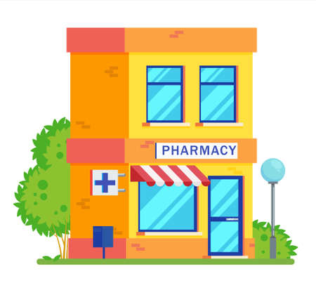 Pharmacy colored building line medicine concept. Architectural form can be used for website design, infographics. Vector flat cartoon illustration isolated on white background.のイラスト素材