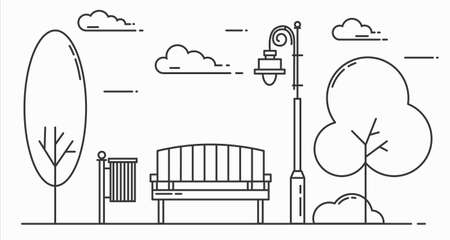 Outline city park, bench, lights and trees. Landscape sketch. Creative horisontal line art monochrome vector illustration on white background.のイラスト素材