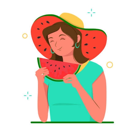 Girl with hat and slice of watermelon in hands. Cute summer woman. Vector cartoon flat illustration isolated on white background.のイラスト素材
