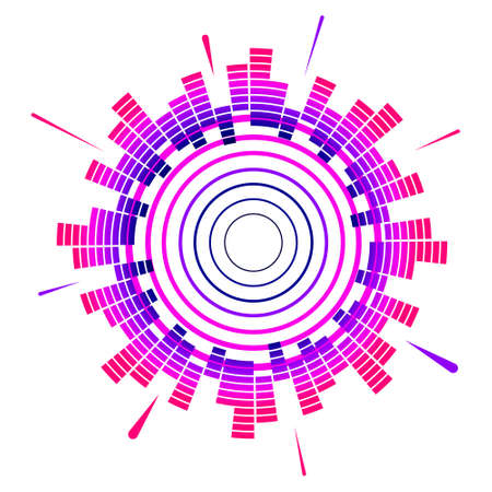 Color geometric circular neon equalizer. Eq round audio soundwaves. Vector illustration isolated on white background.のイラスト素材