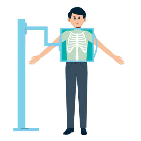 Man getting x-ray checkup. Chest medical treatment. Radiography exam vector cartoon illustration...