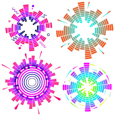 Set of geometric circular neon equalizer. Colorful eq round audio soundwaves. Vector illustration...