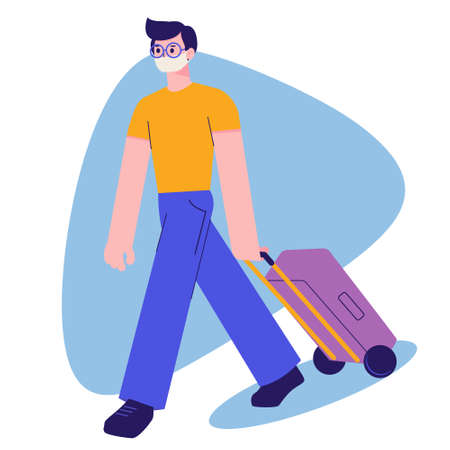 A guy with a valise in a medical mask. Travel infection protection. Coronavirus. Traveler at the airport. Flat style. Flat illustration is isolated on a white background.のイラスト素材