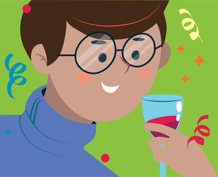 A man drinks alcohol from a glass at a party. The guy is surrounded by serpentine and tinsel. Celebrating with friends.のイラスト素材