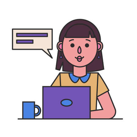 Girl working with a laptop computer. Icon of a female secretary, teacher or office worker. Outline...